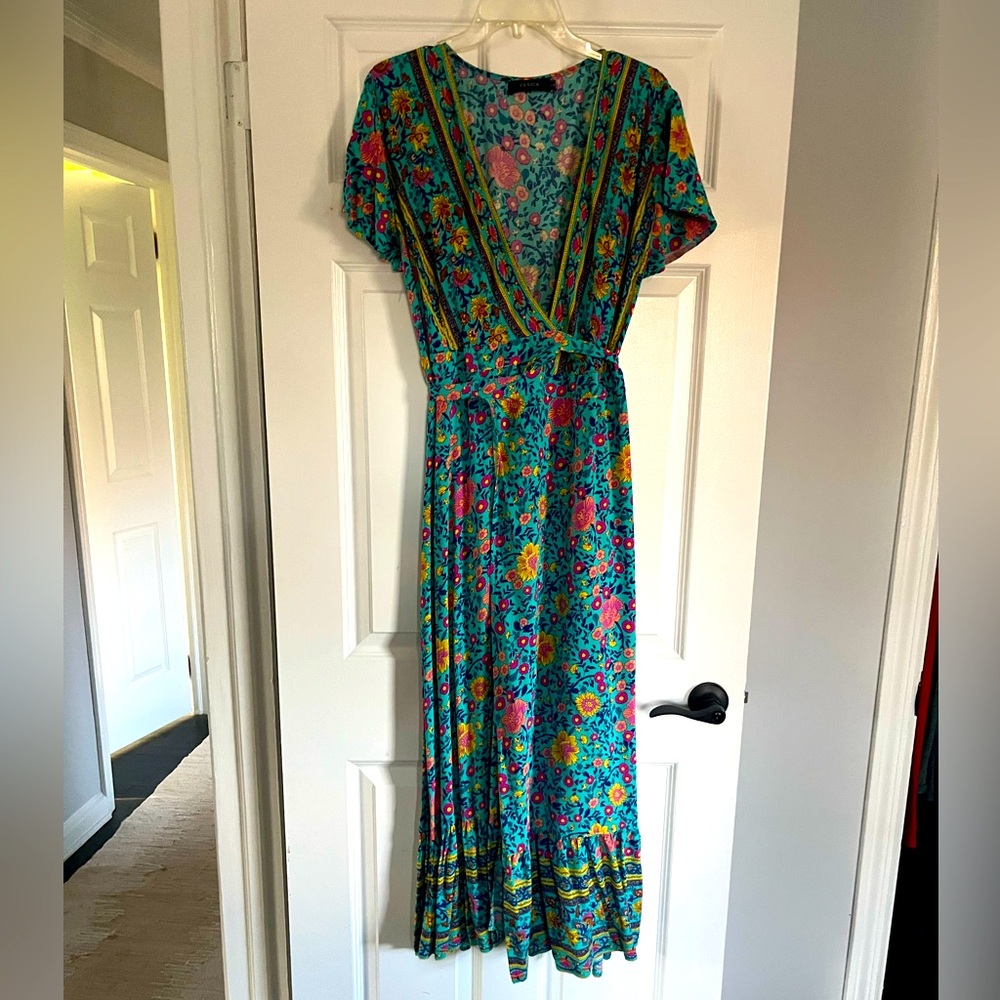 Bohemian Floral Printed Wrap V Neck Short Sleeve Split Beach Party Maxi Dress